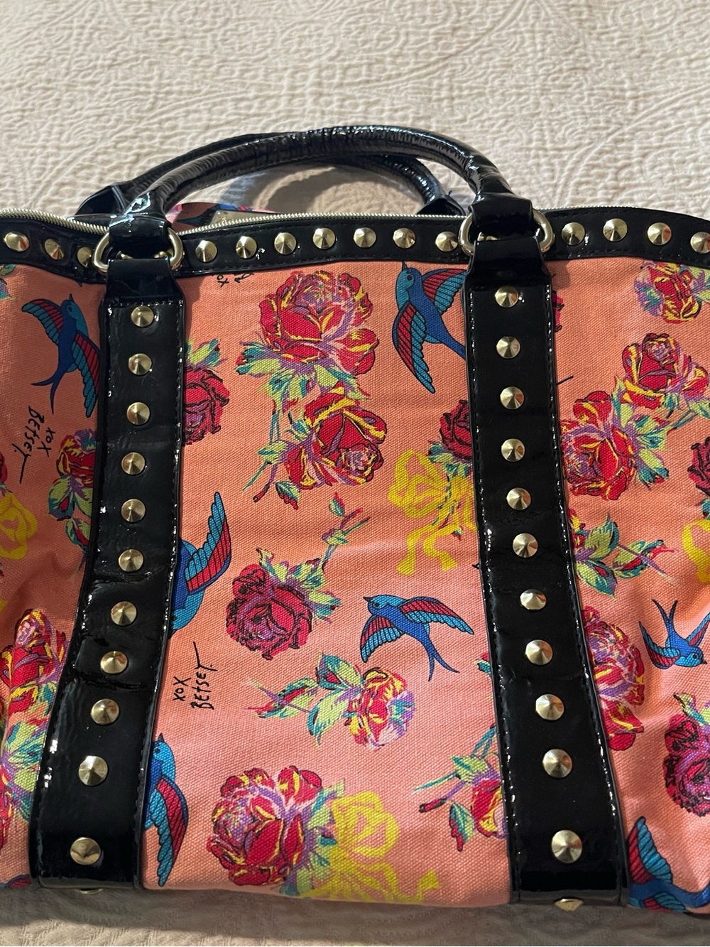 Women's Coral Floral Studded Tote Bag